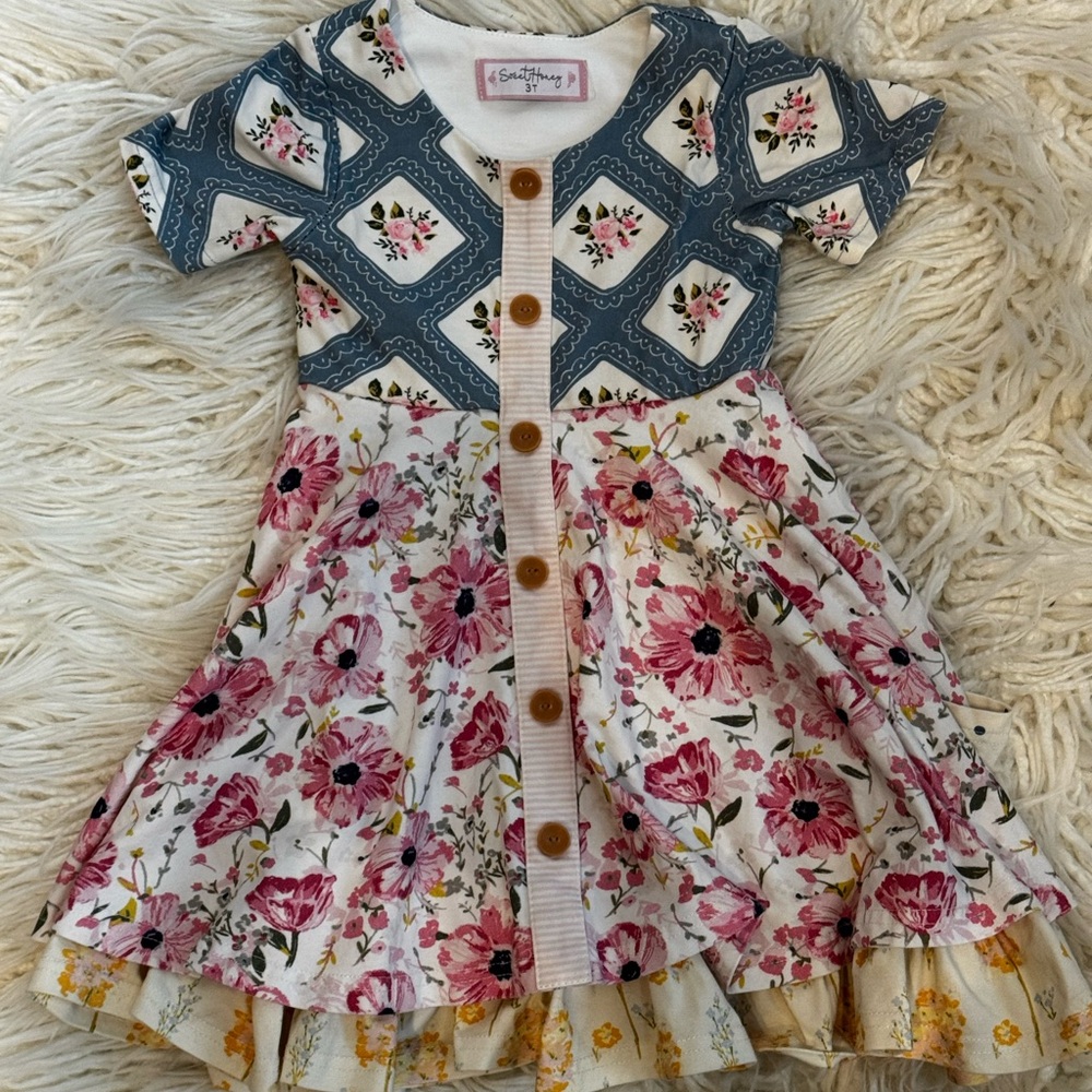 SweetHoney Floral Button-Down Dress in Blue and Pink